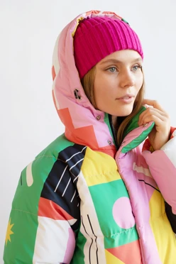 Пуховик Берлин с подкладом из лебяжьего пуха унисекс, с полной запечаткой