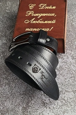 Кожаный мужской ремень с гравировкой, с двойной стежкой