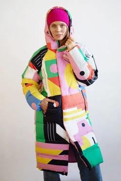 Пуховик Берлин с подкладом из лебяжьего пуха унисекс, с полной запечаткой