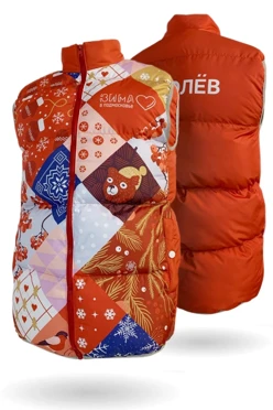 Жилет Морган Лайт с подкладом из лебяжьего пуха унисекс, с полной запечаткой "Зимний узор"